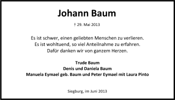 Anzeige von Johann Baum von Kölner Stadt-Anzeiger / Kölnische Rundschau / Express