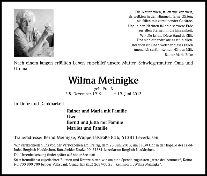  Traueranzeige für Wilma Meinigke vom 22.06.2013 aus Kölner Stadt-Anzeiger / Kölnische Rundschau / Express