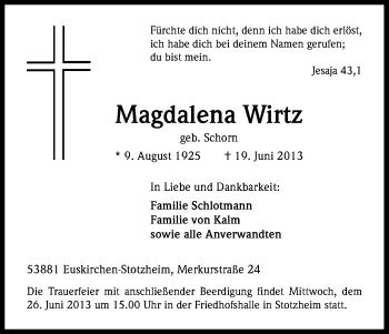 Anzeige von Magdalena Wirtz von Kölner Stadt-Anzeiger / Kölnische Rundschau / Express
