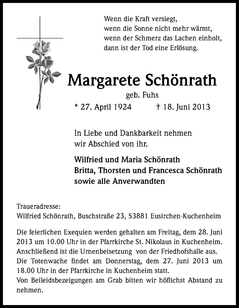  Traueranzeige für Margarete Schönrath vom 24.06.2013 aus Kölner Stadt-Anzeiger / Kölnische Rundschau / Express