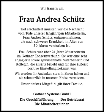 Anzeige von Andrea Schütz von Kölner Stadt-Anzeiger / Kölnische Rundschau / Express