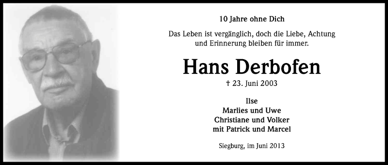  Traueranzeige für Hans Derbofen vom 22.06.2013 aus Kölner Stadt-Anzeiger / Kölnische Rundschau / Express