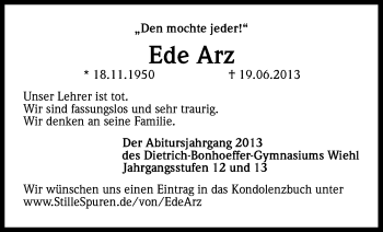Anzeige von Eduard Arz von Kölner Stadt-Anzeiger / Kölnische Rundschau / Express