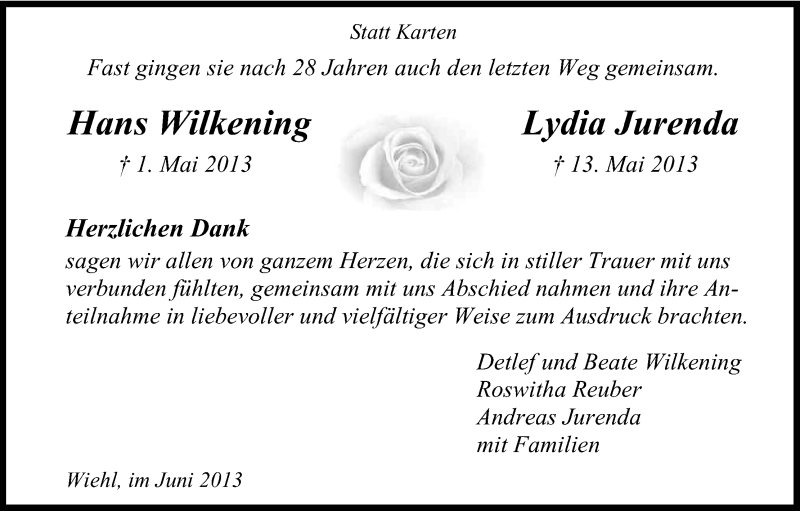  Traueranzeige für Hans Wilkening vom 22.06.2013 aus Kölner Stadt-Anzeiger / Kölnische Rundschau / Express