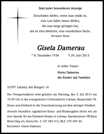 Anzeige von Gisela Damerau von Kölner Stadt-Anzeiger / Kölnische Rundschau / Express