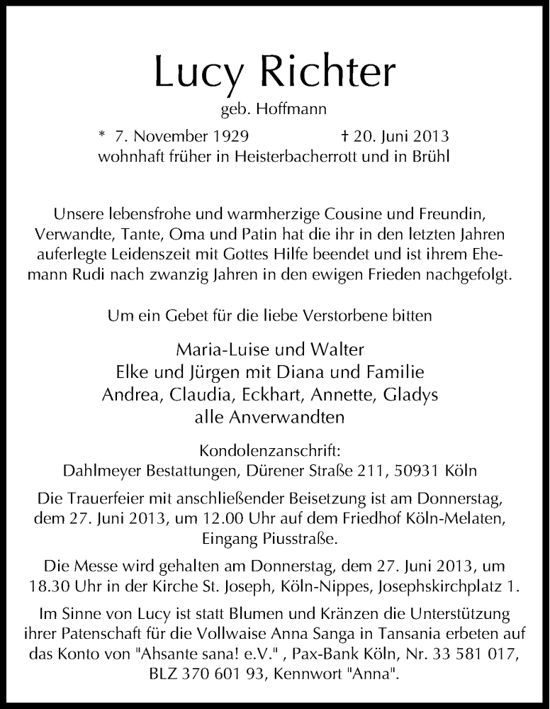 Traueranzeige für Lucy Richter vom 24.06.2013 aus Kölner Stadt-Anzeiger / Kölnische Rundschau / Express