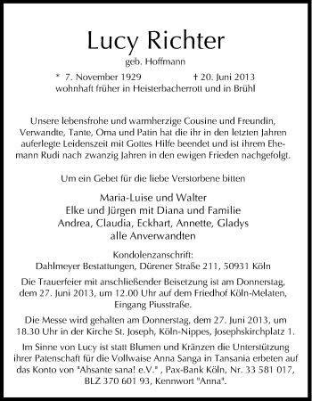 Anzeige von Lucy Richter von Kölner Stadt-Anzeiger / Kölnische Rundschau / Express