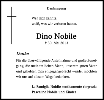 Anzeige von Dino Nobile von Kölner Stadt-Anzeiger / Kölnische Rundschau / Express