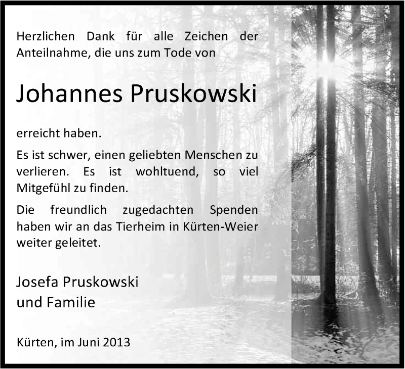  Traueranzeige für Johannes Pruskowski vom 22.06.2013 aus Kölner Stadt-Anzeiger / Kölnische Rundschau / Express