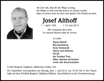 Anzeige von Josef Althoff von Kölner Stadt-Anzeiger / Kölnische Rundschau / Express