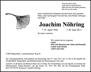 Anzeige von Joachim Nöhring von Kölner Stadt-Anzeiger / Kölnische Rundschau / Express