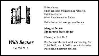 Anzeige von Willi Becker von Kölner Stadt-Anzeiger / Kölnische Rundschau / Express