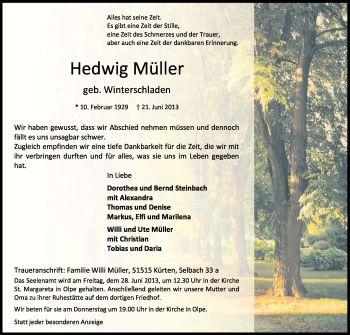 Anzeige von Hedwig Müller von Kölner Stadt-Anzeiger / Kölnische Rundschau / Express