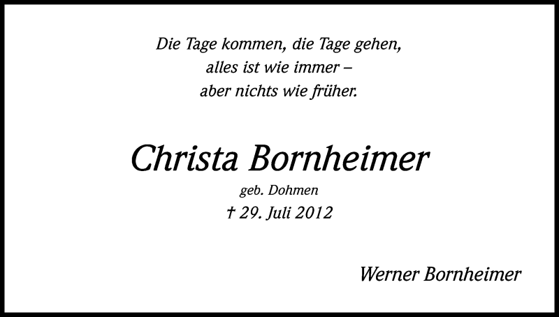  Traueranzeige für Christa Bornheimer vom 29.07.2013 aus Kölner Stadt-Anzeiger / Kölnische Rundschau / Express