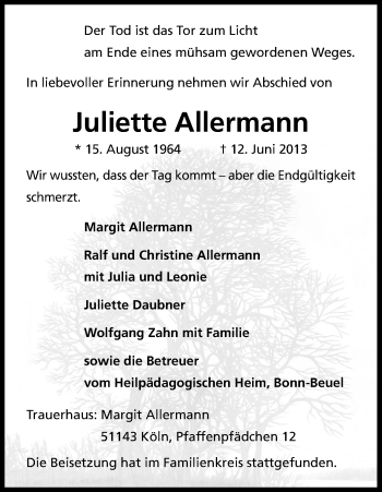 Anzeige von Juliette Allermann von Kölner Stadt-Anzeiger / Kölnische Rundschau / Express