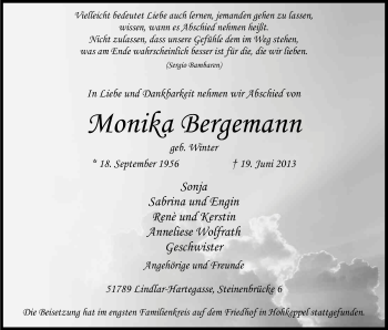 Anzeige von Monika Bergemann von Kölner Stadt-Anzeiger / Kölnische Rundschau / Express