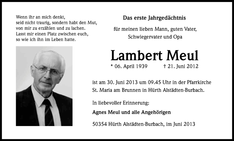  Traueranzeige für Lambert Meul vom 29.06.2013 aus Kölner Stadt-Anzeiger / Kölnische Rundschau / Express