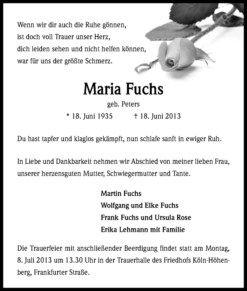  Traueranzeige für Maria Fuchs vom 03.07.2013 aus Kölner Stadt-Anzeiger / Kölnische Rundschau / Express