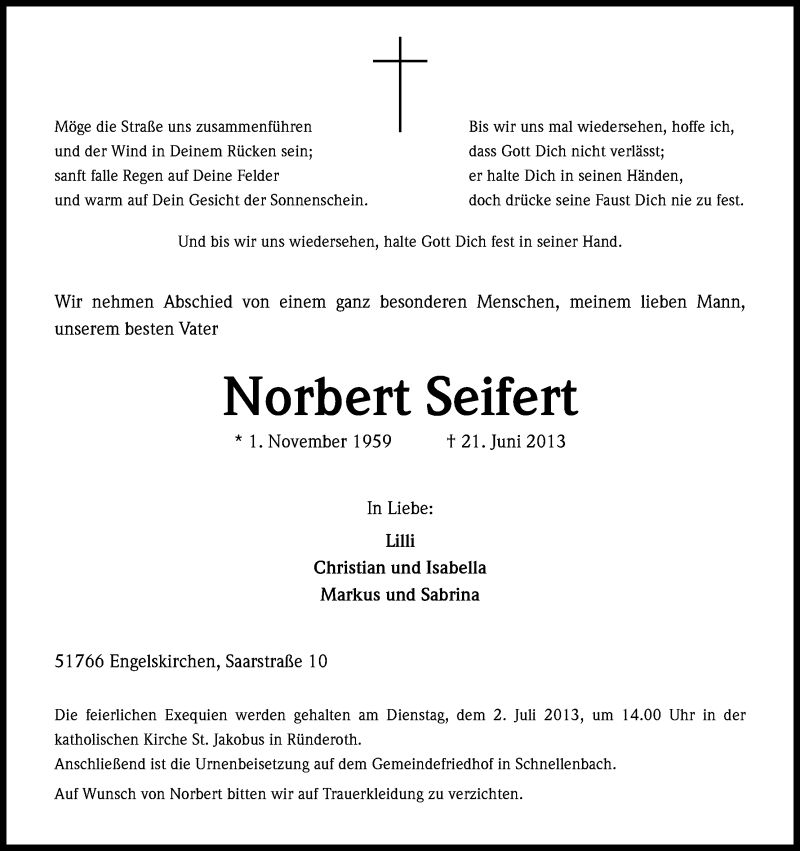  Traueranzeige für Norbert Seifert vom 25.06.2013 aus Kölner Stadt-Anzeiger / Kölnische Rundschau / Express