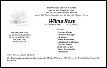 Anzeige von Wilma Rose von Kölner Stadt-Anzeiger / Kölnische Rundschau / Express