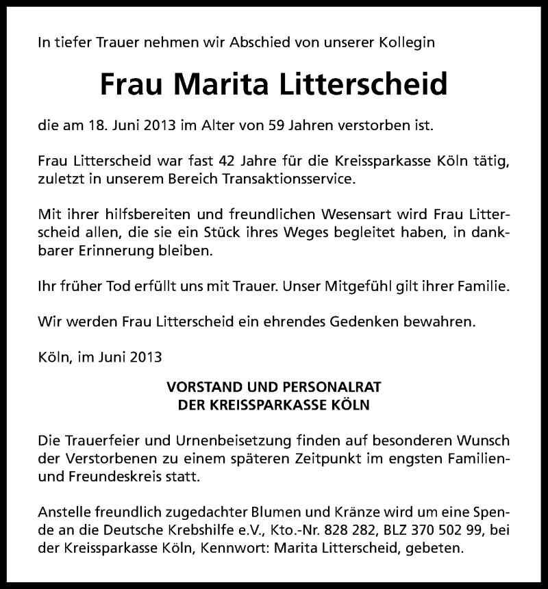  Traueranzeige für Marita Litterscheid vom 25.06.2013 aus Kölner Stadt-Anzeiger / Kölnische Rundschau / Express