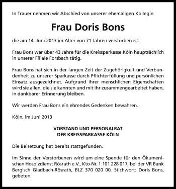 Anzeige von Doris Bons von Kölner Stadt-Anzeiger / Kölnische Rundschau / Express