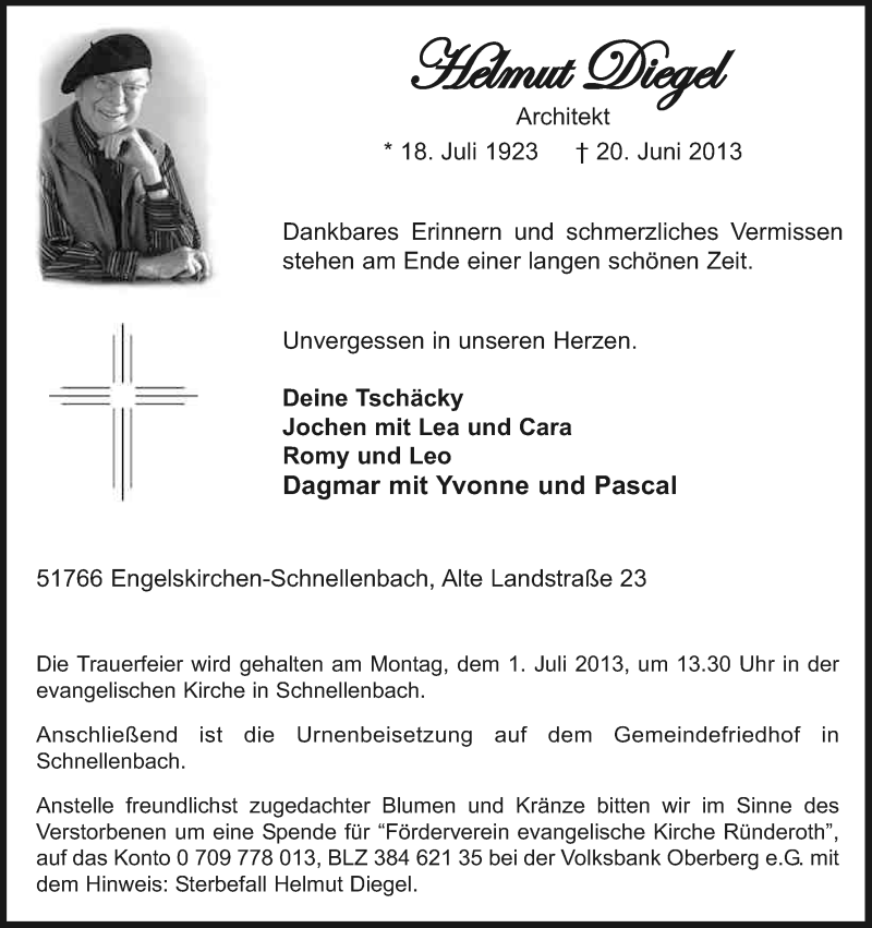 Traueranzeige für Helmut Diegel vom 25.06.2013 aus Kölner Stadt-Anzeiger / Kölnische Rundschau / Express