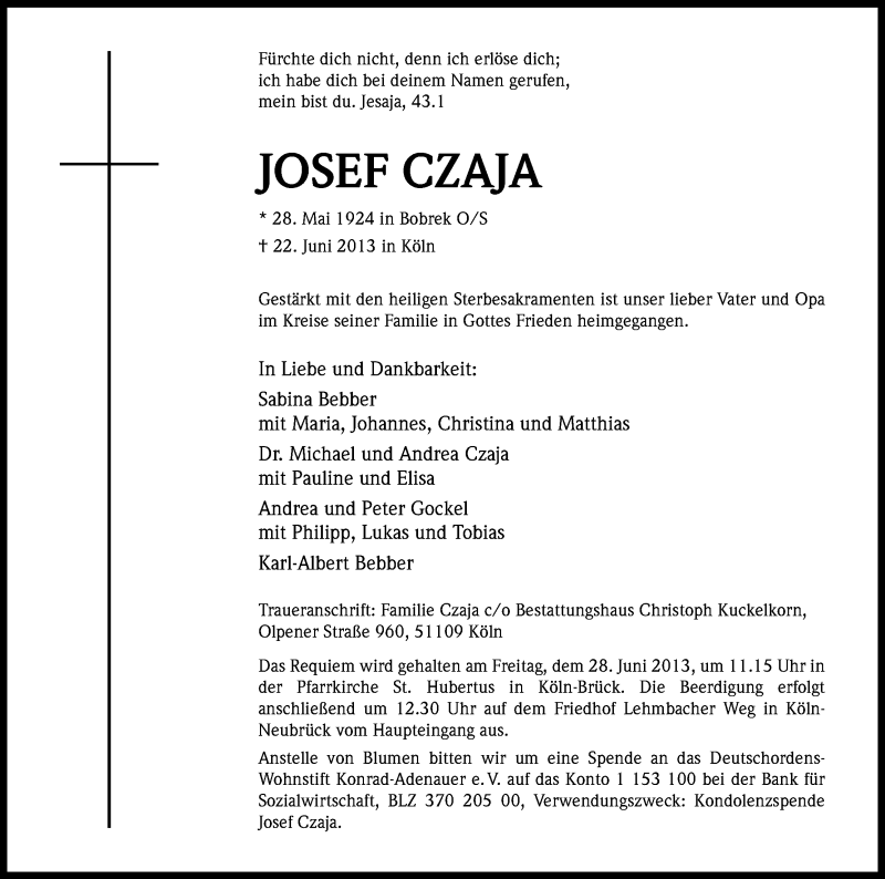  Traueranzeige für Josef Czaja vom 26.06.2013 aus Kölner Stadt-Anzeiger / Kölnische Rundschau / Express
