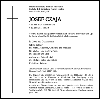 Anzeige von Josef Czaja von Kölner Stadt-Anzeiger / Kölnische Rundschau / Express