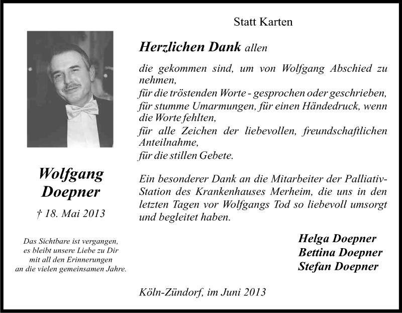  Traueranzeige für Wolfgang Doepner vom 29.06.2013 aus Kölner Stadt-Anzeiger / Kölnische Rundschau / Express