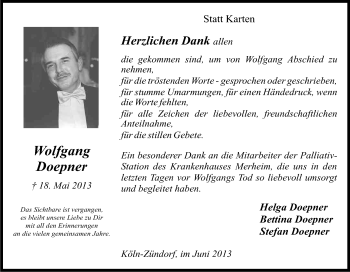 Anzeige von Wolfgang Doepner von Kölner Stadt-Anzeiger / Kölnische Rundschau / Express