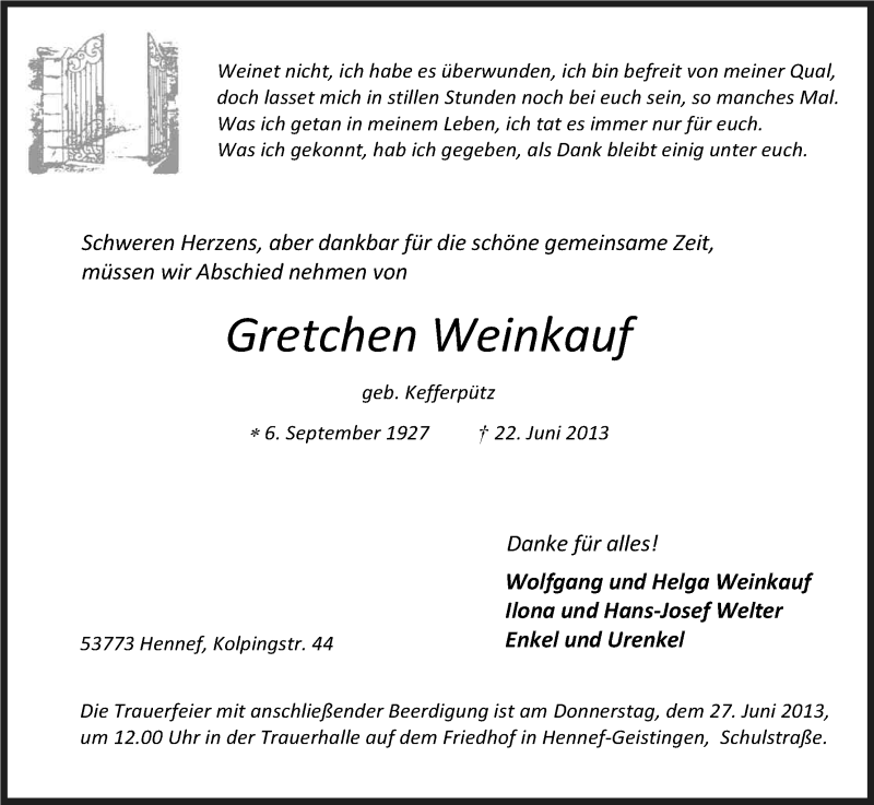  Traueranzeige für Gretchen Weinkauf vom 25.06.2013 aus Kölner Stadt-Anzeiger / Kölnische Rundschau / Express