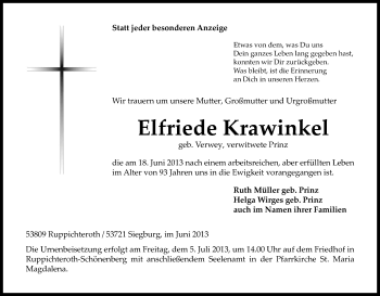 Anzeige von Elfriede Krawinkel von Kölner Stadt-Anzeiger / Kölnische Rundschau / Express