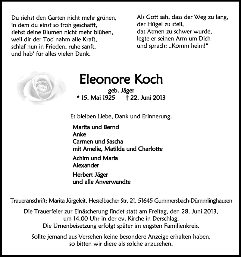  Traueranzeige für Eleonore Koch vom 25.06.2013 aus Kölner Stadt-Anzeiger / Kölnische Rundschau / Express