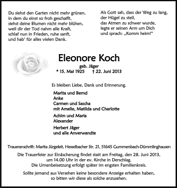 Anzeige von Eleonore Koch von Kölner Stadt-Anzeiger / Kölnische Rundschau / Express