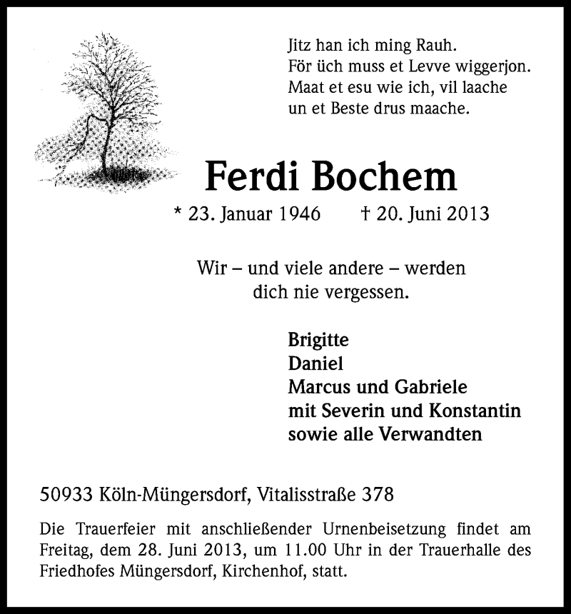  Traueranzeige für Ferdi Bochem vom 26.06.2013 aus Kölner Stadt-Anzeiger / Kölnische Rundschau / Express