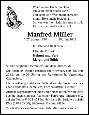 Anzeige von Manfred Müller von Kölner Stadt-Anzeiger / Kölnische Rundschau / Express