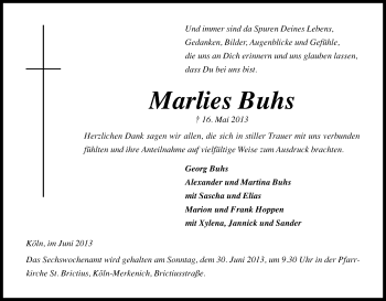 Anzeige von Marlies Buhs von Kölner Stadt-Anzeiger / Kölnische Rundschau / Express