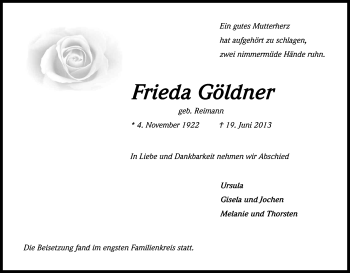 Anzeige von Frieda Göldner von Kölner Stadt-Anzeiger / Kölnische Rundschau / Express