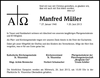 Anzeige von Manfred Müller von Kölner Stadt-Anzeiger / Kölnische Rundschau / Express