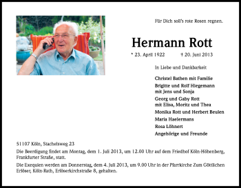 Anzeige von Hermann Rott von Kölner Stadt-Anzeiger / Kölnische Rundschau / Express