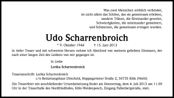 Anzeige von Udo Scharrenbroich von Kölner Stadt-Anzeiger / Kölnische Rundschau / Express