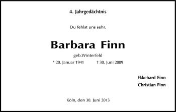 Anzeige von Barbara Finn von Kölner Stadt-Anzeiger / Kölnische Rundschau / Express