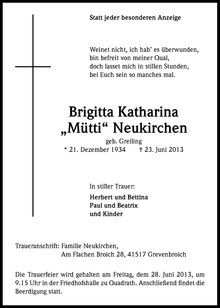  Traueranzeige für Brigitta Katharina Neukirchen vom 26.06.2013 aus Kölner Stadt-Anzeiger / Kölnische Rundschau / Express