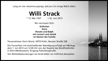 Anzeige von Willi Strack von Kölner Stadt-Anzeiger / Kölnische Rundschau / Express