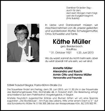 Anzeige von Käthe Müller von Kölner Stadt-Anzeiger / Kölnische Rundschau / Express