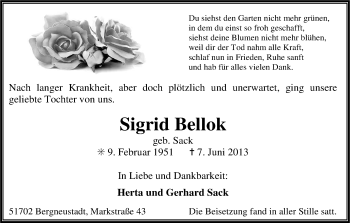 Anzeige von Sigrid Bellok von Kölner Stadt-Anzeiger / Kölnische Rundschau / Express