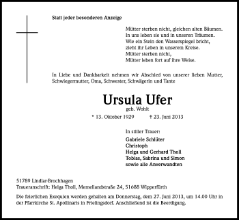 Anzeige von Ursula Ufer von Kölner Stadt-Anzeiger / Kölnische Rundschau / Express