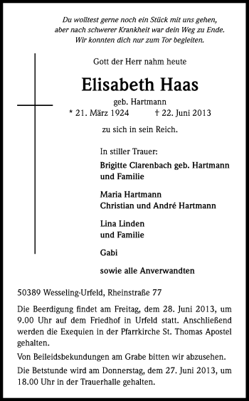 Anzeige von Elisabeth Haas von Kölner Stadt-Anzeiger / Kölnische Rundschau / Express