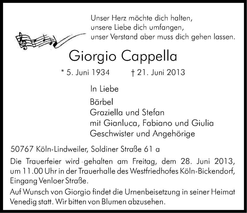  Traueranzeige für Giorgio Cappella vom 26.06.2013 aus Kölner Stadt-Anzeiger / Kölnische Rundschau / Express